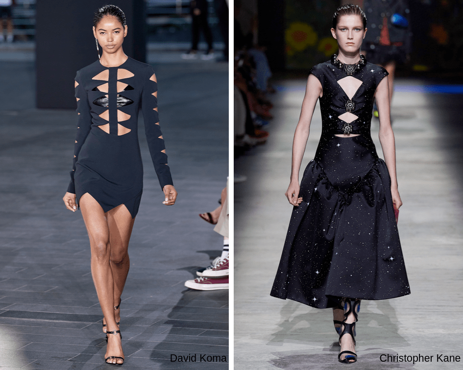 David Koma's Spring 2020 collection featuring a black dress with triangle cut outs on the front and sleeves. Christopher Kane's Spring 2020 collection featuring a dress with diamond cut outs down the front.