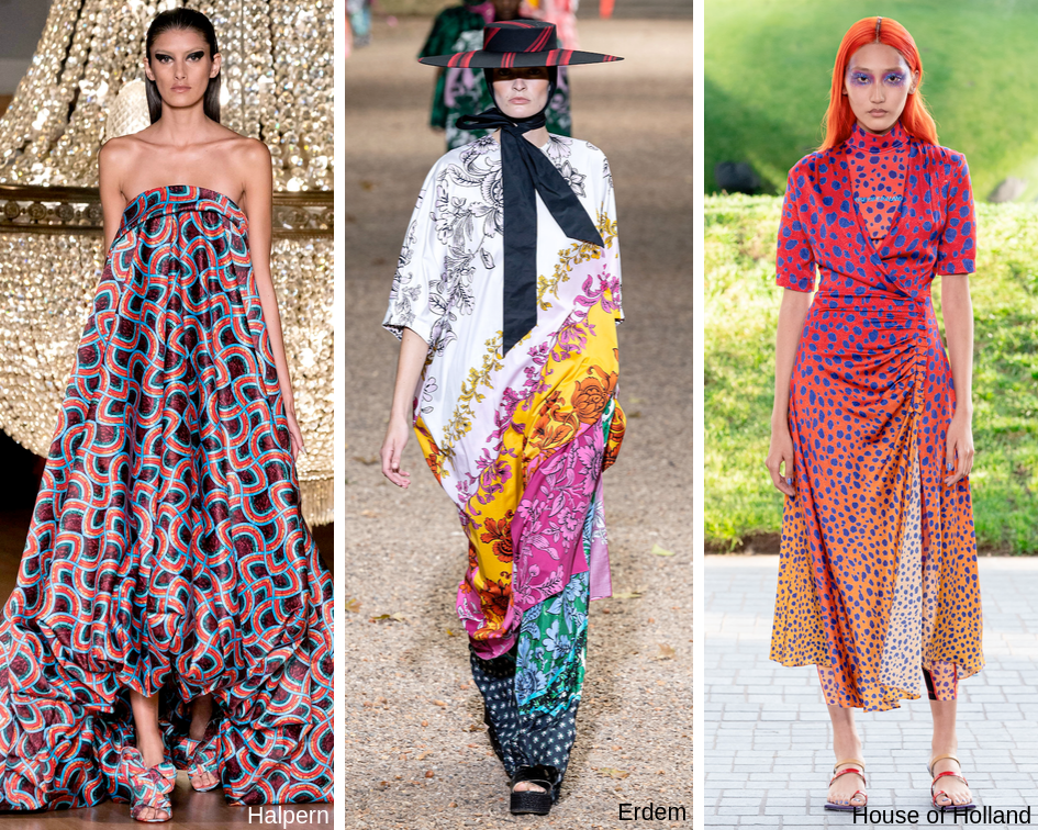Halpern's Spring 2020 collection featuring a printed strapless dress with an oversized silhouette. Erdem's Spring 2020 collection featuring a mixed print dress. House of Holland's Spring 2020 collection featuring a bright colored animal print dress.