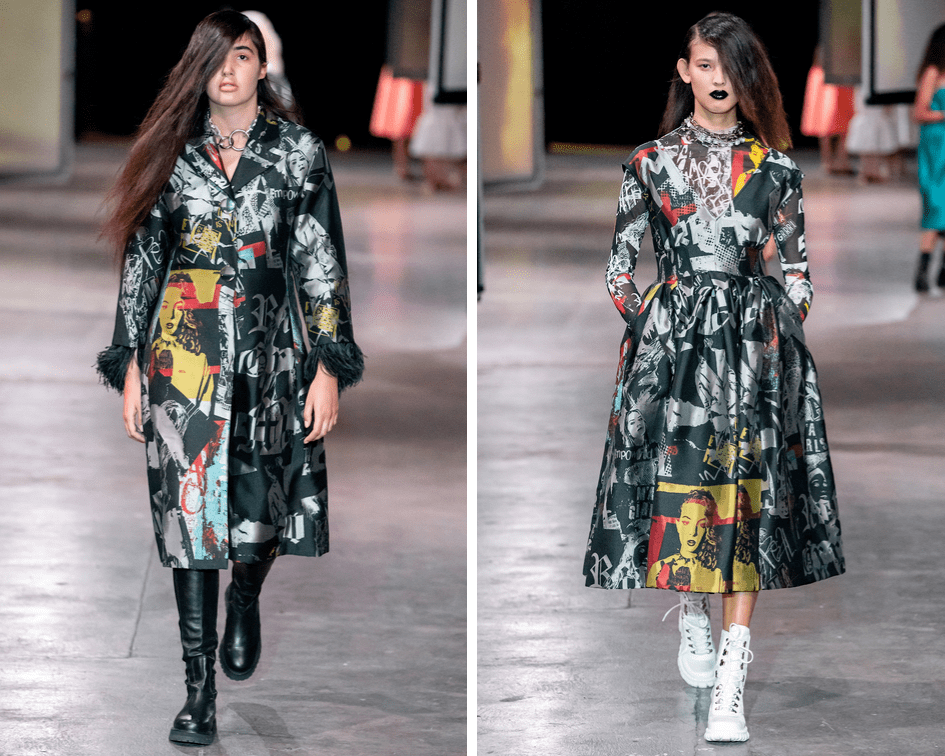 Marques' Almeida Spring 2020 Collection featuring a coat and dress with printed images of women.