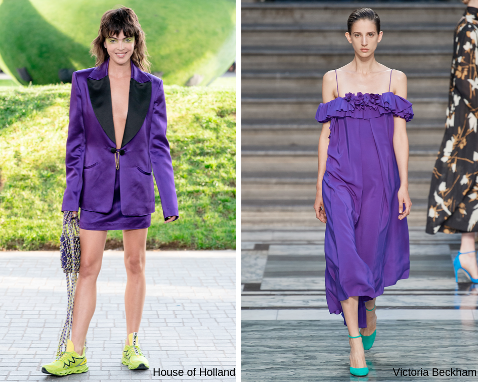 House of Holland's Spring 2020 collection featuring a purple blazer and skirt set and Victoria Beckham's Spring 2020 collection featuring a purple dress with ruffle neckline.