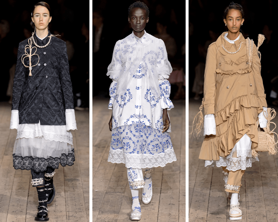 Simone Rocha's Spring 2020 Collection featuring three looks with a mix of layering, ruffles, lace and pearls.